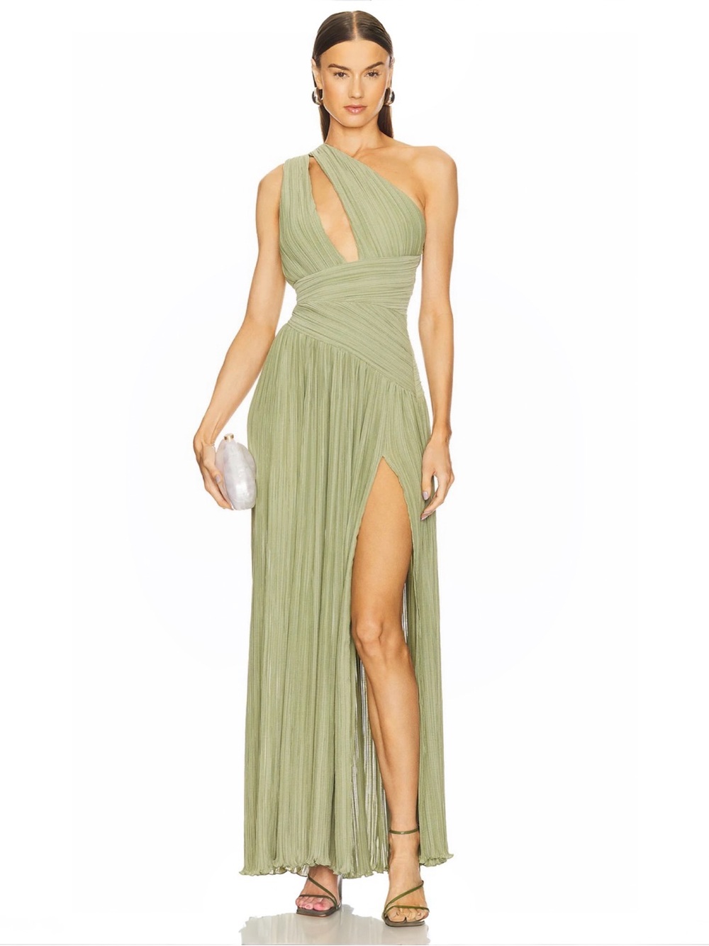 Michael Costello x Revolve Sloan Sage One-Shoulder Pleated Gown Sz XS $289 NWT